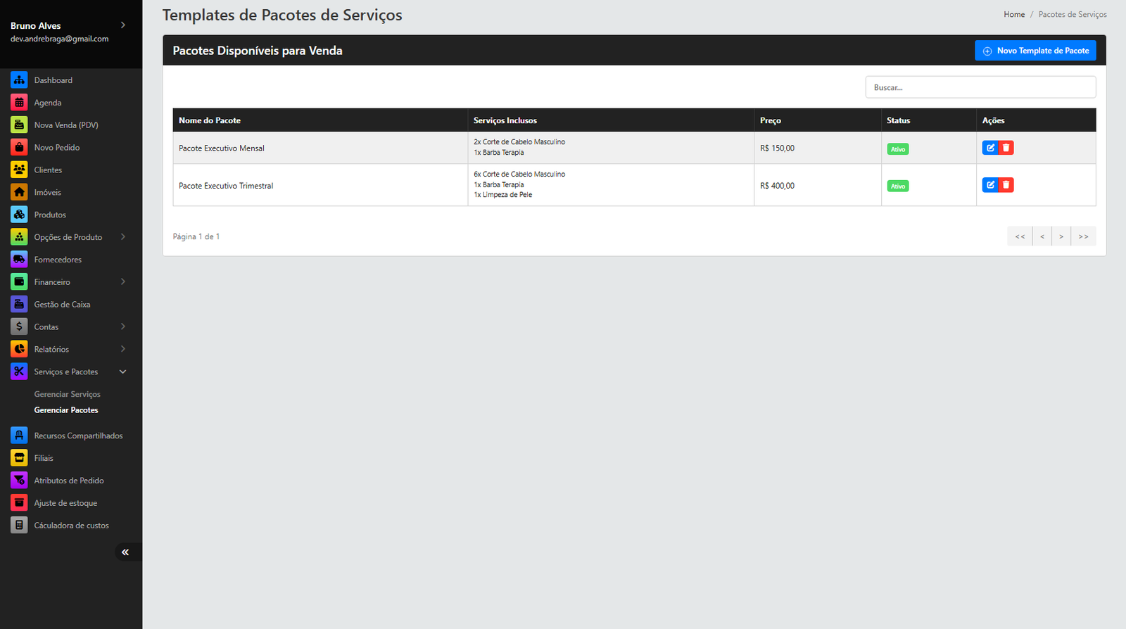 Tela de Recursos e Pacotes