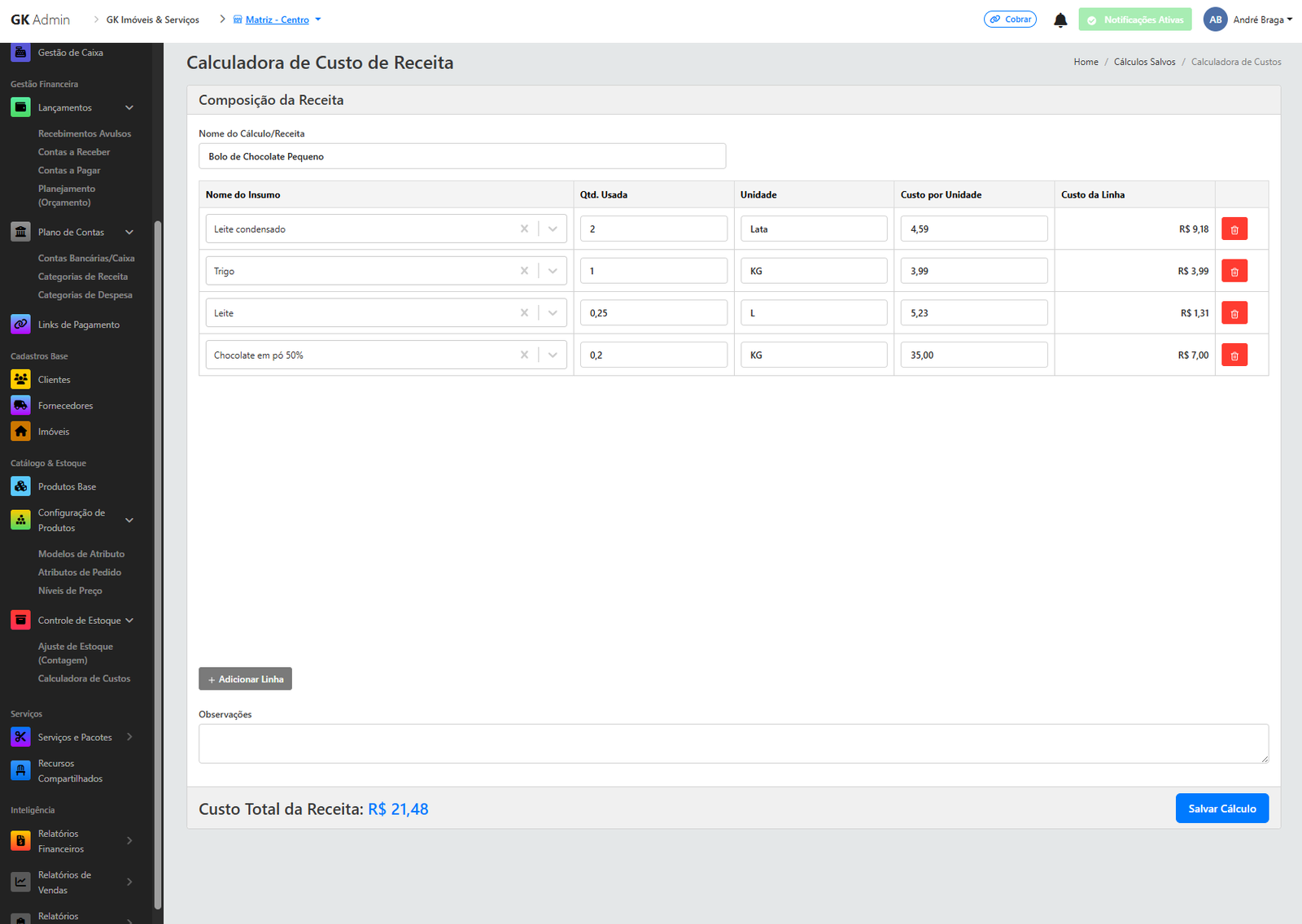 Calculadora de Custo de Produto